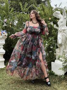 Lyrianda Plus Size Women's Elegant Sweet Ruffle Hem Square Neck Long Dress, Vacation, Spring/Summer