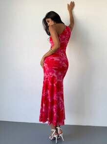 Firerie 女士优雅花卉印花单肩鱼尾下摆连衣裙，适合度假、约会、音乐节 - 紅色 - 查看 3