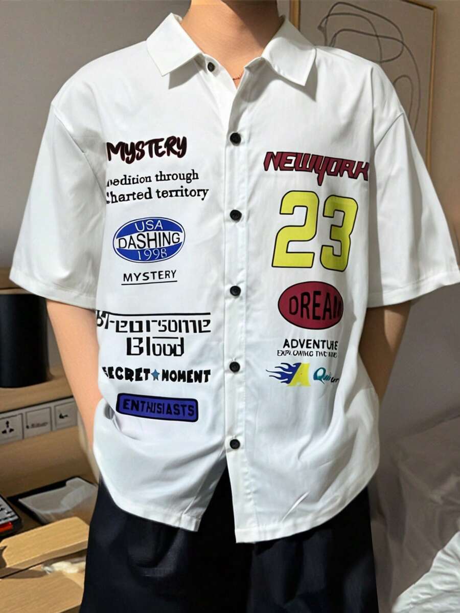 SHEIN 2pcs Teen Boys Casual Set: White Printed Short Sleeve Shirt + Black Shorts, Streetwear Punk Rock College Style For Everyday Wear, Party, Music Festival, Spring/Summer - White - View 1