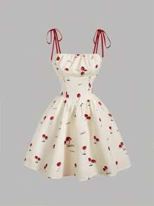 SHEIN MOD 褶饰紧身胸衣蝴蝶结和樱桃印花短款连衣裙 - 杏色 - 查看 1