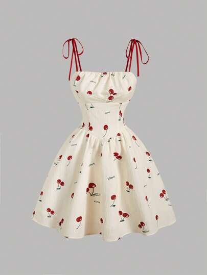 SHEIN MOD Vestido corto con escote fruncido, lazo y estampado de cerezas