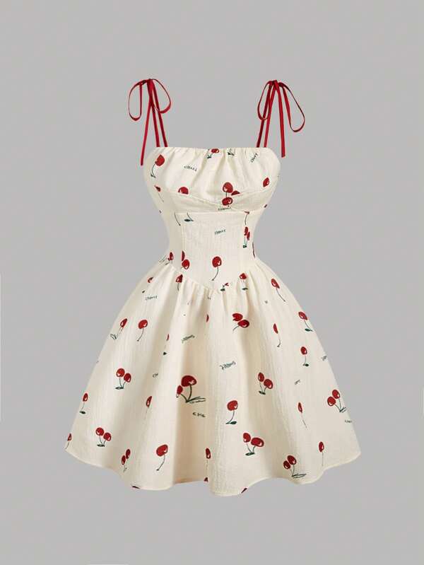 SHEIN MOD Vestido corto con escote fruncido, lazo y estampado de cerezas