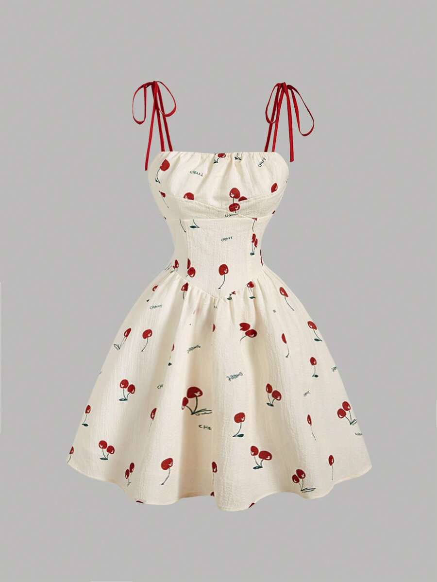 SHEIN MOD 褶饰紧身胸衣蝴蝶结和樱桃印花短款连衣裙 - 杏色 - 查看 1
