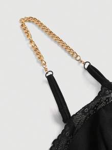 SHEIN MOD Bộ đồ liền thân ren chắp vá dây xích kim loại màu đen, cỡ lớn - màu đen - Xem 4