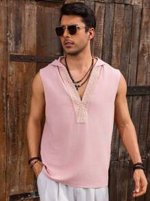 Genlund Manfinity Nomadique Men's Solid Color Pink Contrast Lace Sleeveless Hooded Shirt - Pink - View 5