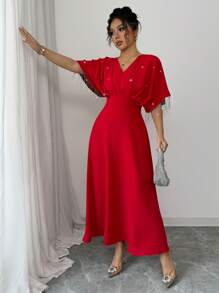 Chiquease 女士休闲 V 领收腰 A 字形连衣裙，优雅，适合派对、约会、奢华、阿拉伯、简约、日常穿着 - 紅色 - 查看 3