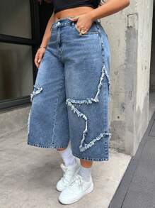 SHEIN EZwear Plus Size Loose Straight Leg 7/8 Length Jeans, Blue,Distressed Punk & Adventure Five-Pointed Star Patch Denim ,Spring Summer Clothes,Saint Patrick / St Patrick Day, Summer / Summers / Summer Clothes,Springs For Women / Spring,Summers For Women / Summer / Summer Clothes / Cute Summer Tops,Easter Dress / Easter / Easter Women,Concert Women / Raves / Raves Festival / Country Concert / Nashville / Ibiza,Western Wear Women / Western / Western Clothes For Women,Cowgirls For Women / Rodeos For Women / Cowgirl,Beach For Woman / Beach, Brunch For Women - Blue - View 3