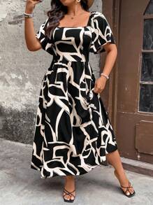 SHEIN Clasi 女士方领喇叭袖荷叶边下摆褶皱收腰花卉印花超长沙滩裙 - 黑色 - 查看 5