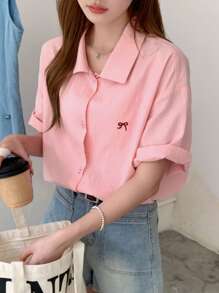 DAZY Women's Summer Oversized Bowknot Printed Drop Shoulder Casual Shirt,Short Sleeve Tops - Pink - View 6