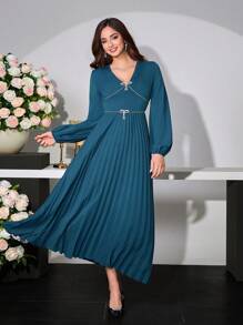 Modelyn Women's Elegant Commuter Fitted Pleated Long Dress, Suitable For Daily And Formal Wear Fall Cloth For Women - Teal Blue - View 5