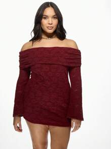 MISSGUIDED PLUS Abito mini con spalle scoperte e pizzo, taglia comoda, per feste, club, notti, maniche lunghe, scollo Bardot, occasioni speciali, aderente, adatto per l'inverno e l'autunno - Bordò - Visualizzare 3