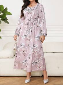 Al Najma Plus Size Women's Floral Pattern Cinched Waist Arabian Dress,Modest - Multicolor - View 4