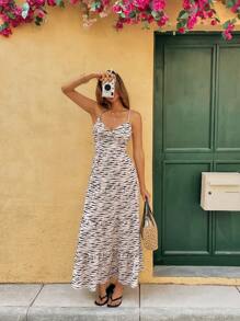 Breezaya 女式波西米亚风格系带细肩带拼接连衣裙超长度假海滩装 - 杏色 - 查看 3