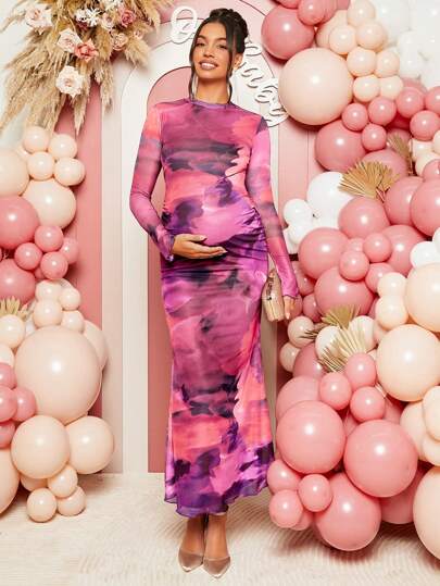 Loomaby Maternity Elegant Party Tie-Dye Print Ruched Form-Fitting Dress