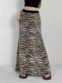 INAWLY 女士夏季时尚斑马图案印花低腰半身裙