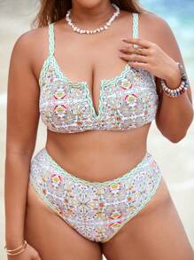 Swim Vcay Ensemble de maillot de bain imprimé 2 pièces, grande taille, maillots de bain bikini de vacances d'été pour femmes