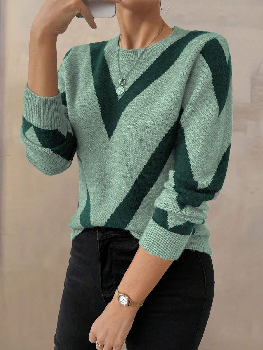 SHEIN LUNE 2024 Autumn/Winter New Arrival Geometric Striped Pullover Sweater Knit Pullover Fall - Multicolor - View 1