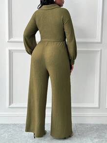 Slaydiva 优雅度假日常胸前打结衬衫领长袖阔腿连体裤大码女装 - B