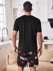 CoupledUp Crown & King 图案印花圆领短袖男式睡衣套装 - 黑色 - 查看 2