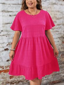 SHEIN LUNE Plus Size Solid Color Round Neck Short Sleeve Casual Loose Mini Dress Western Wear Women Festival Boho Hippie Cowgirl Outfit Old Money Bohemian For Summer
