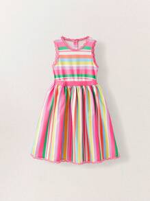 SHEIN Young Girls Colorful Sweet Striped Ruffle Trim Dresses - Multicolor - View 5