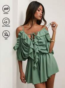 COSMINA Bộ áo liền quần nữ màu trơn, hở vai, viền bèo nhún, kiểu dáng thường ngày. - màu xanh lá - Xem 7