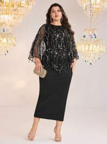 Modelyn Plus Size Elegant Party Sequined Mesh Top & Sleeveless Dress 2pcs Set