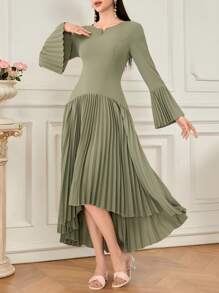 Modelyn Vestido largo elegante de mujer con manga acampanada y plisado en unicolor - Verde Oliva - Ver 7