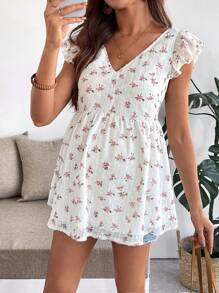 SHEIN Maternity Vacation Ditsy Floral Ruffle Tie Back Blouse - Pink - View 7