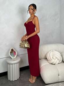 SHEIN BAE 春夏纯色加长杯撞色紧身网眼女式毕业礼服 - 酒紅色 - 查看 4