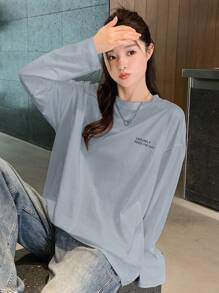 DAZY Women's Long Sleeve Drop Shoulder T-Shirt With Slogan Print - Blue - View 4