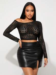 SHEIN SXY Czarny jednolity kolor seksowny asymetryczny jednoramienny wycięty dopasowany top, uniwersalny strój na dzień, wieczorne wyjście, randki, spotkania, imprezy, klubowanie, festiwal muzyczny - Czarne - Zobacz 1