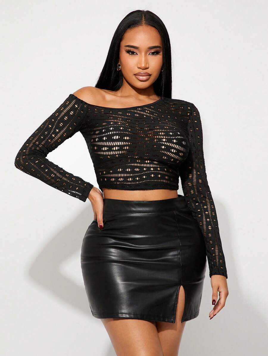 SHEIN SXY Czarny jednolity kolor seksowny asymetryczny jednoramienny wycięty dopasowany top, uniwersalny strój na dzień, wieczorne wyjście, randki, spotkania, imprezy, klubowanie, festiwal muzyczny - Czarne - Zobacz 1