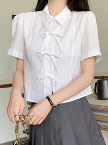 DAZY Của phụ nữ Màu thuần Bong bóng Tay áo Cà vạt Áo sơ mi - trắng - Xem 4