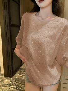 DAZY 女士时尚二合一亮面网纱串珠圆领短袖T恤亮片 - 杏色 - 查看 3