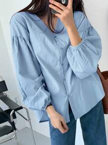 DAZY Women Fashionable Loose All-Match Solid Color Shirt For Everyday Wear,Fall Clothes Long Sleeve Top - Blue - View 2