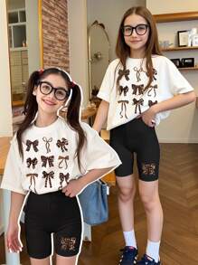 SHEIN Leap Crew 青少年女孩豹纹蝴蝶结印花休闲简约短袖 T 恤和短裤两件套，适合夏季