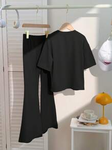 SHEIN 2 件套 Tween 女童休闲简约短袖上衣和裤子套装，适合夏季 - 黑色 - 查看 2