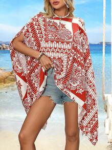 Swim Lushoire Geometric Retro Pattern Reversible Women Chiffon Beach Vacation Cover Up For Summer - Red - View 4