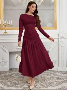 Modelyn 女士优雅魅力斜肩针织编织伞形下摆时尚连衣裙长款晚礼服 - 紅色 - 查看 6