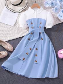 Teen Girl Solid Color Patchwork Short Sleeve Polo Collar Dress - Blue - View 1