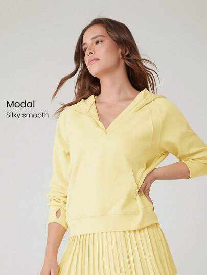 GLOWMODE 莫代尔丝绸触感超大长袖半拉链连帽衫秋季