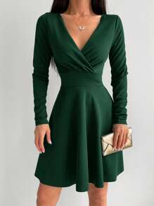 EURMUSE Solid Surplice Neck Dress - Green - View 3