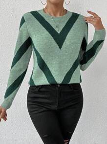 SHEIN LUNE 2024 Autumn/Winter New Arrival Geometric Striped Pullover Sweater Knit Pullover Fall - Multicolor - View 3