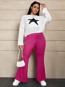 SHEIN EZwear Plus Size Fuchsia Pink Knitted Flare Pants - Hot Pink - View 5