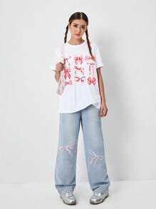 Set de 2 piezas: Camiseta holgada con lazo estampado y jeans de pata ancha bordados para niñas preadolescentes, ropa diaria cómoda y de moda - Blanco - Ver 6