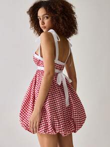 Easelle Women's Sweet Casual Vacation Red & White Checkered Bow Knot Mini Dress, Spring/Summer - Red and White - View 4