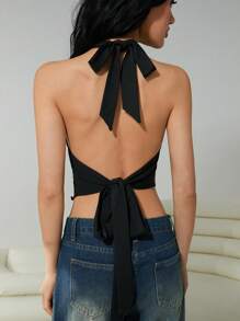 SHEIN EZwear 纯色不对称颈部系带后背镂空短款修身吊带背心 - 黑色 - 查看 2