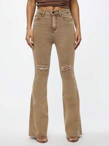 SUMWON WOMEN High Waist Bootcut Flare Jeans With Distressed Knee Details, Stretch Comfort Denim, Perfect For Fall Winter Fashion, Casual To Semi-Formal Wear - Khaki - View 1