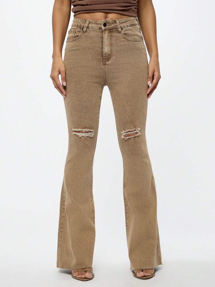 SUMWON WOMEN High Waist Bootcut Flare Jeans With Distressed Knee Details